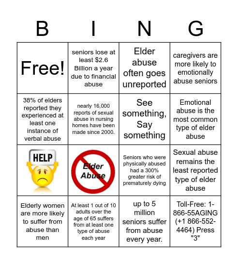 Elder Abuse Awareness Day Bingo Card