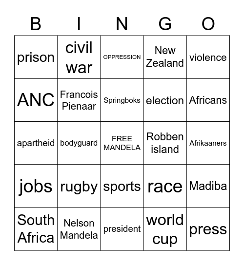 Invictus Movie Bingo Card