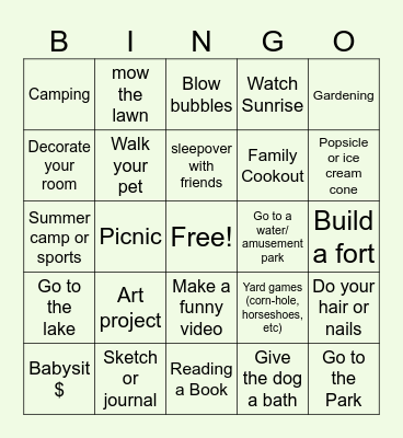 Summer Things to Do Bingo Card