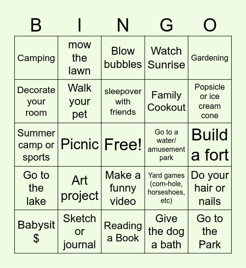 Summer Things to Do Bingo Card