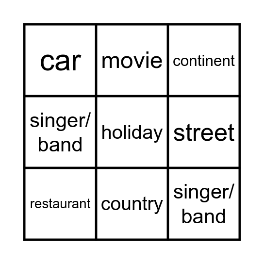 Common and Proper Nouns Bingo Card