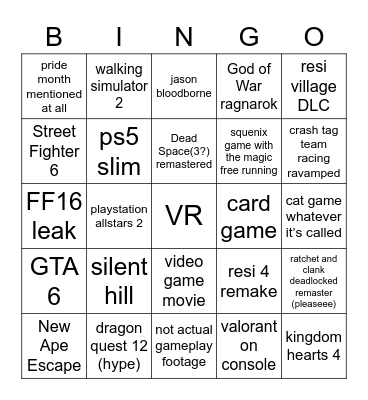 PlayStation Direct Summer 2022 Bingo Card