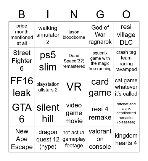 PlayStation Direct Summer 2022 Bingo Card