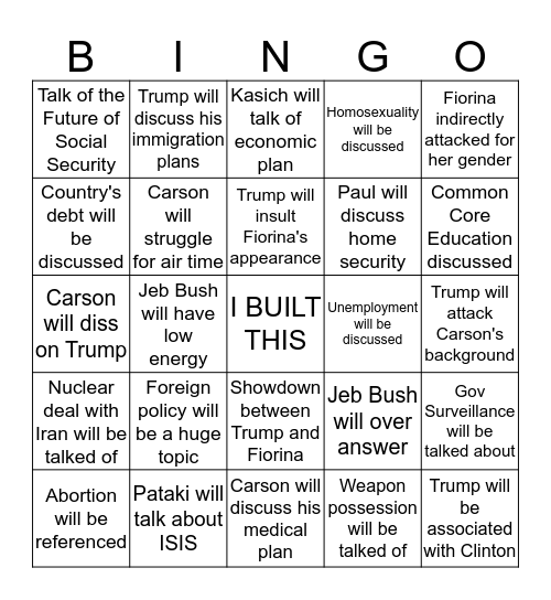 Republican Debate  Bingo Card