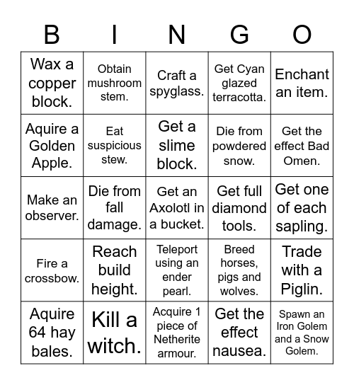 Minecraft Bingo Card