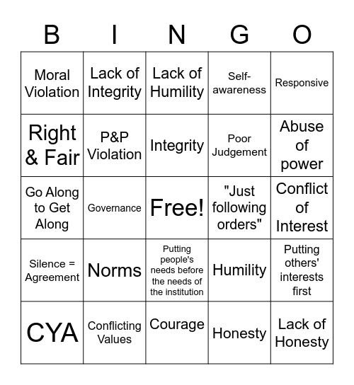Leadership Ethics Bingo Card