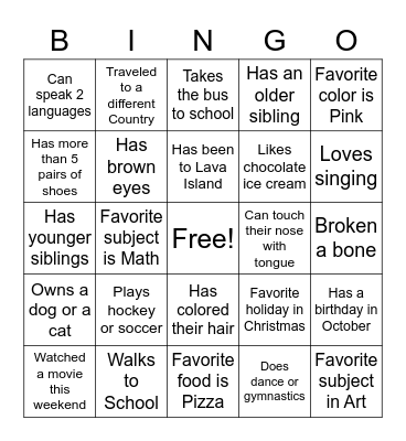 Classroom Bingo Card