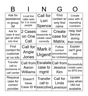 Call Center Bingo! Bingo Card