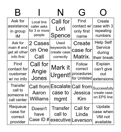 Call Center Bingo! Bingo Card