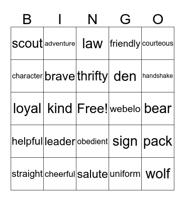 Cub Scouts Bingo Card
