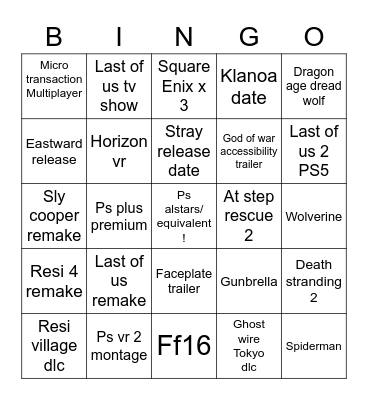 Ps showcase Bingo Card