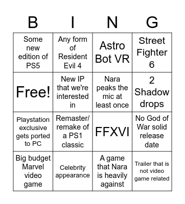 PS State of Play Bingo Card