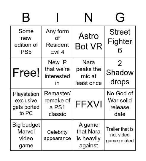 Playstation State of Play Bingo Card