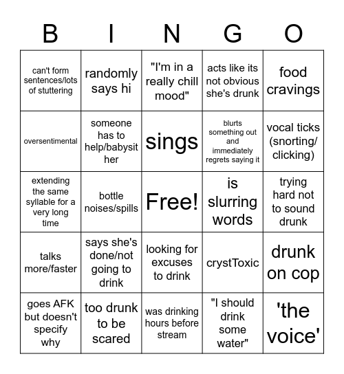 Crystal is Drunk Again Bingo Card