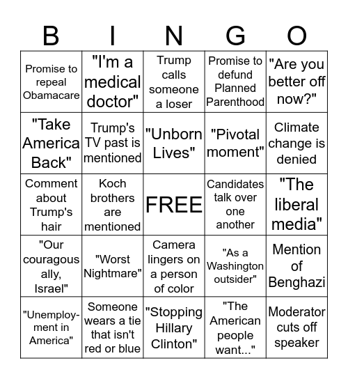 GOP DEBATE BINGO Card