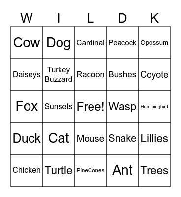 Wild Kingdom Bingo Card