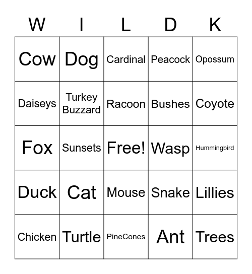Wild Kingdom Bingo Card