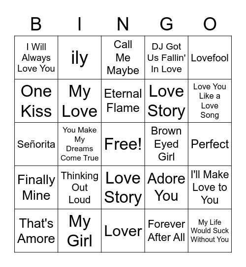 Bridal Shower Bingo -- Love Songs Bingo Card