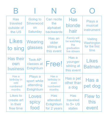 Enlightium Bingo: Find someone in the room who... Bingo Card