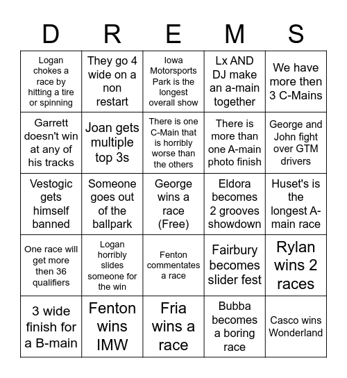 DREMS S2 Bingo Card