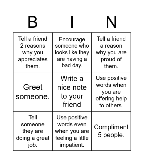 Positive Language Bingo Card