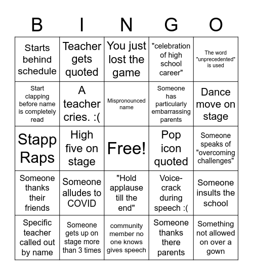 FGHS Graduation Bingo Card