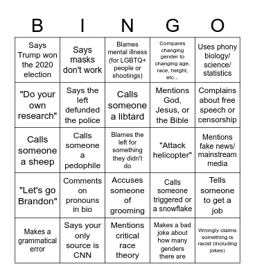 Conservative responses bingo Card