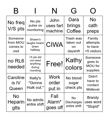 Nightshift Bingo Card