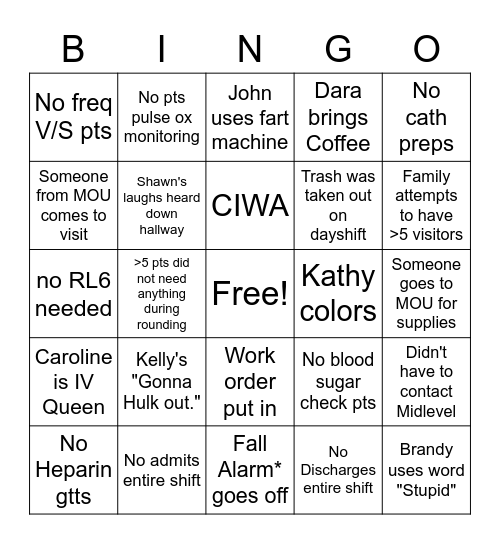 Nightshift Bingo Card
