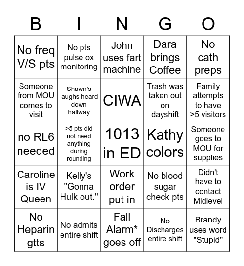 Nightshift Bingo Card