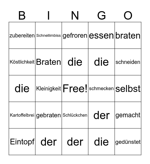 Essen und Feiern Bingo Card