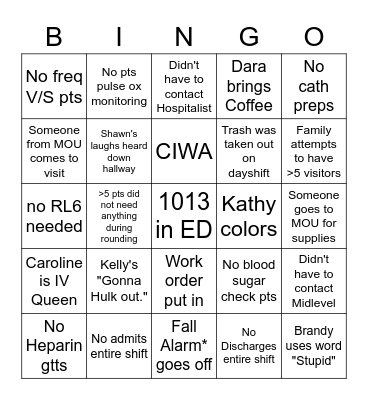 Nightshift Bingo Card