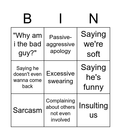 bad apology bingo Card