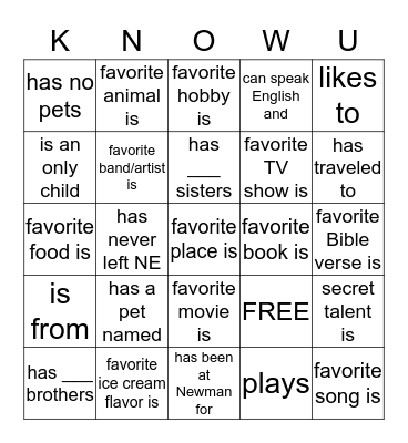 Getting to Know You Bingo Card