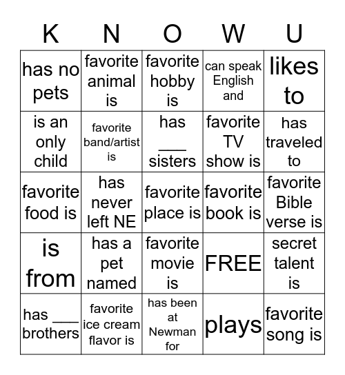 Getting to Know You Bingo Card