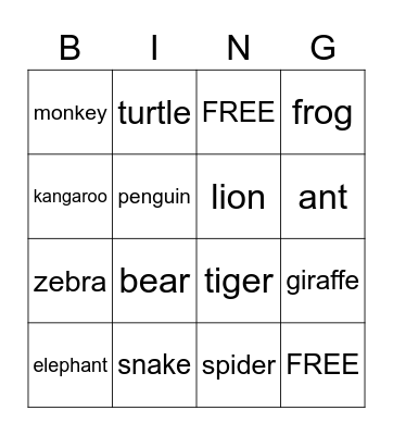 Animals Bingo Card