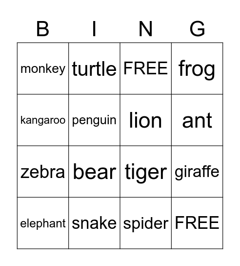 Animals Bingo Card