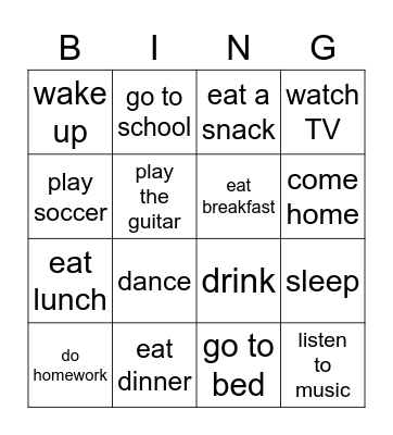 Activities Bingo Card