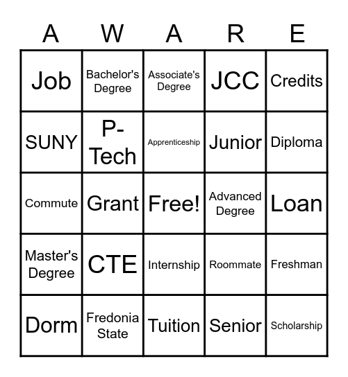 COLLEGE and CAREER BINGO Card