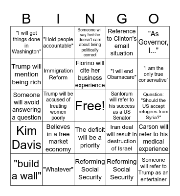 September 16 Republican Debate Bingo Card