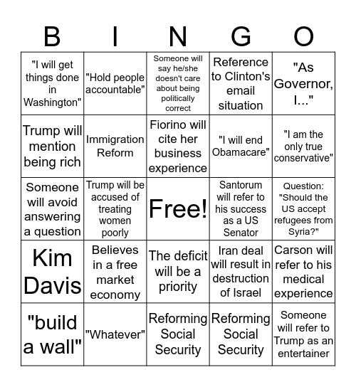 September 16 Republican Debate Bingo Card