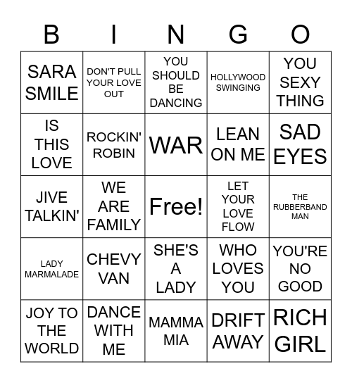 70S HITS Bingo Card