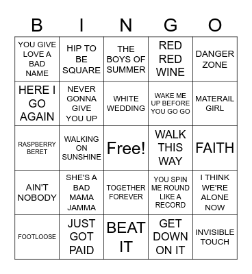80S HITS Bingo Card