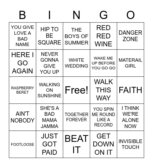80S HITS Bingo Card