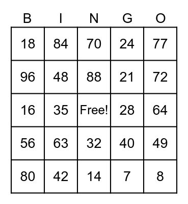 7's and 8's Multiplication Bingo Card