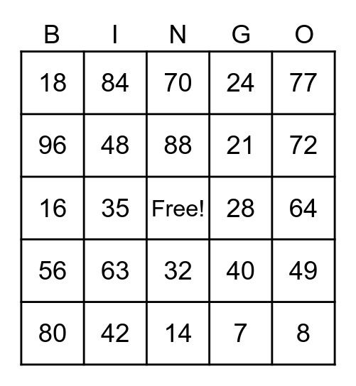 7's and 8's Multiplication Bingo Card
