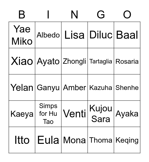 Genshin Simp Bingo Card