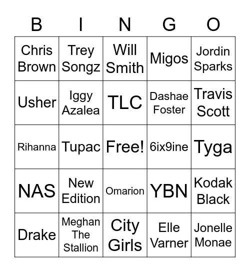 R&B/Hip-Hop Artists Bingo Card