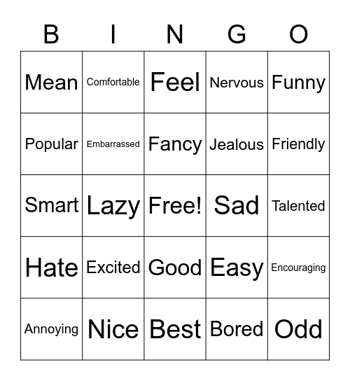 Adjectives Bingo Card