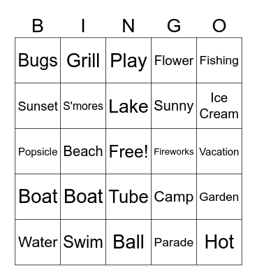 Summer Words Bingo Card